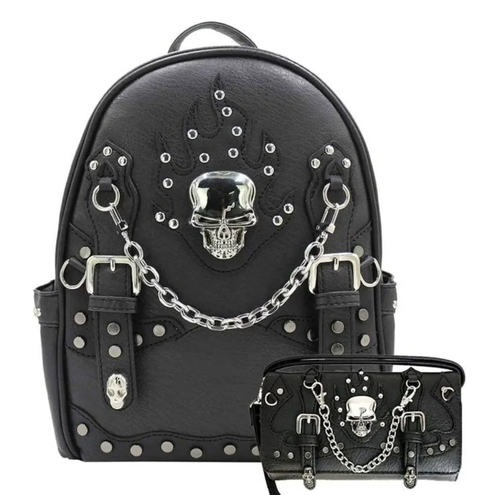 Women's Black Concealed Carry With Biker Skull Chain Buckle Embroidery Backpack